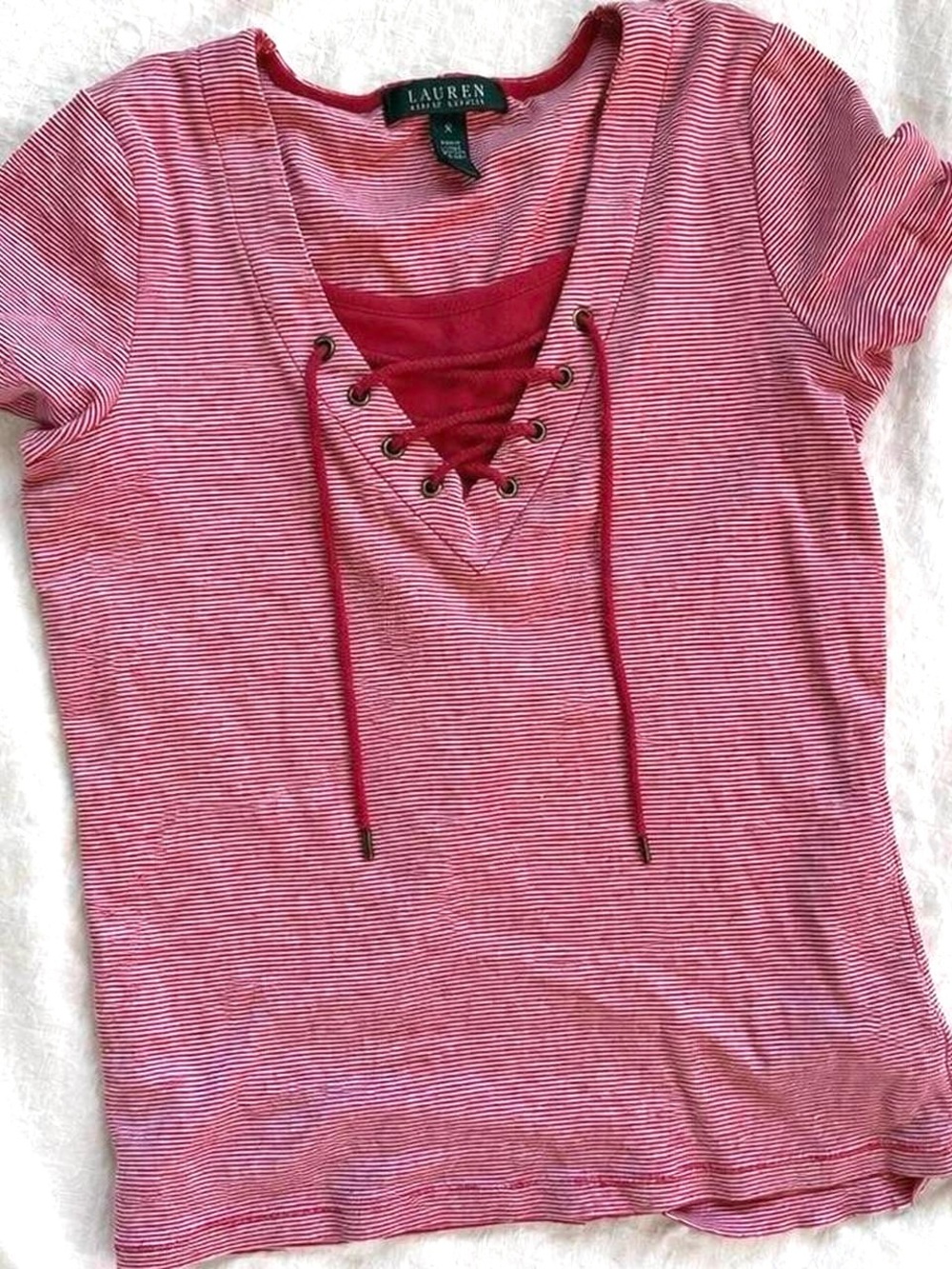 Lauren Ralph Lauren Red White Lace-Up Striped Top Size S Preppy